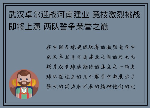 武汉卓尔迎战河南建业 竞技激烈挑战即将上演 两队誓争荣誉之巅