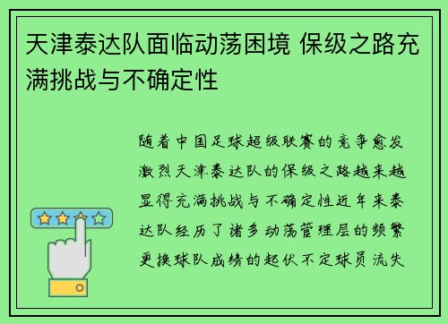 天津泰达队面临动荡困境 保级之路充满挑战与不确定性