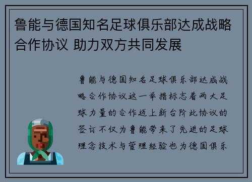 鲁能与德国知名足球俱乐部达成战略合作协议 助力双方共同发展