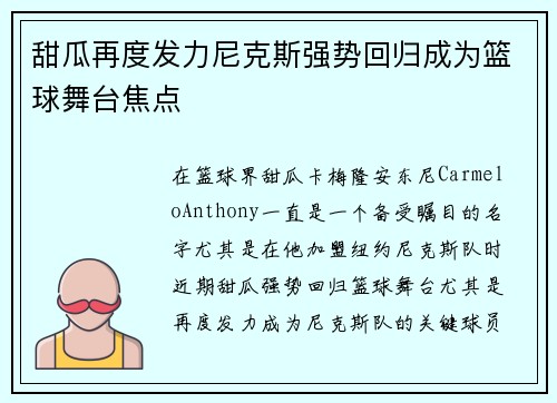 甜瓜再度发力尼克斯强势回归成为篮球舞台焦点