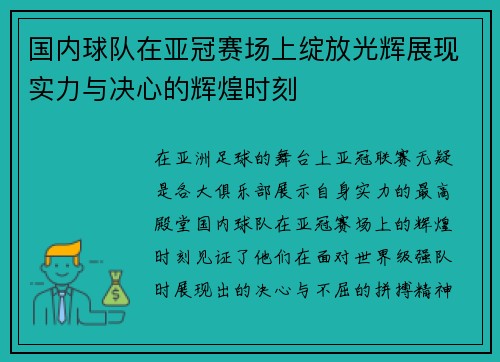 国内球队在亚冠赛场上绽放光辉展现实力与决心的辉煌时刻
