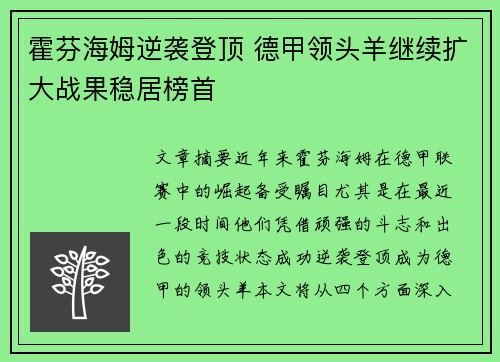 霍芬海姆逆袭登顶 德甲领头羊继续扩大战果稳居榜首